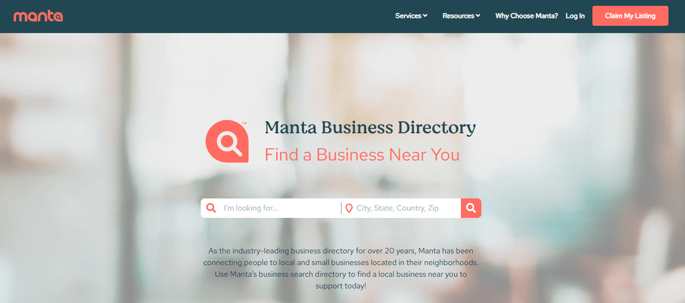Manta's landing page, where you can find businesses near you.
