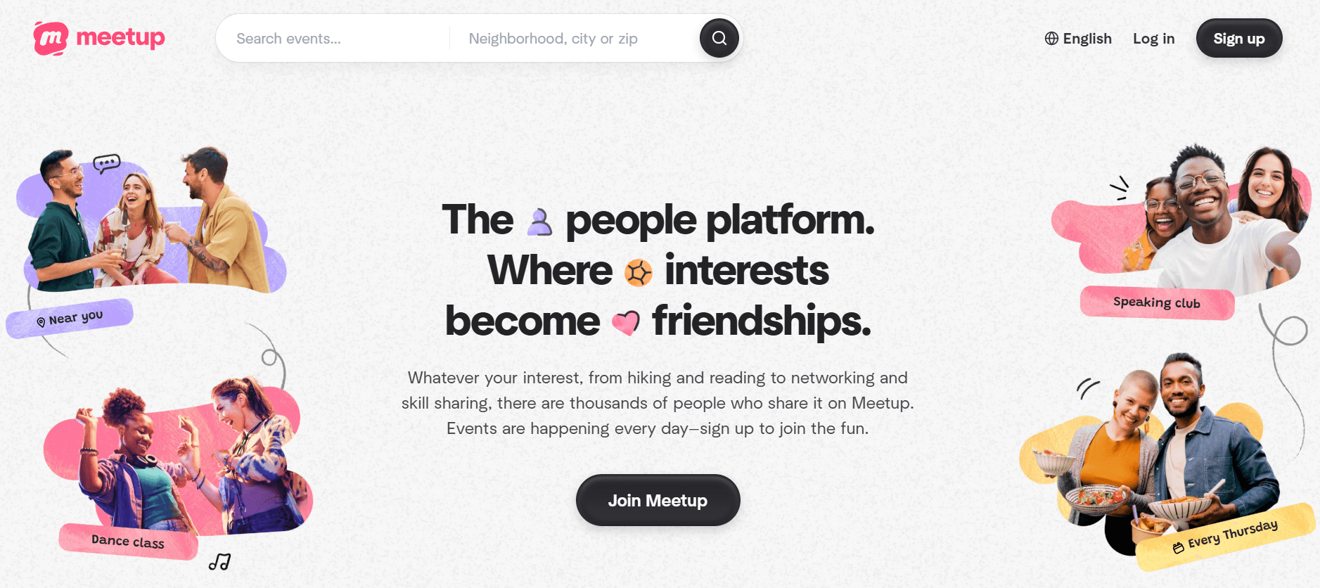 Meetup.com landing page, where you can learn the goals of the platform and join it.