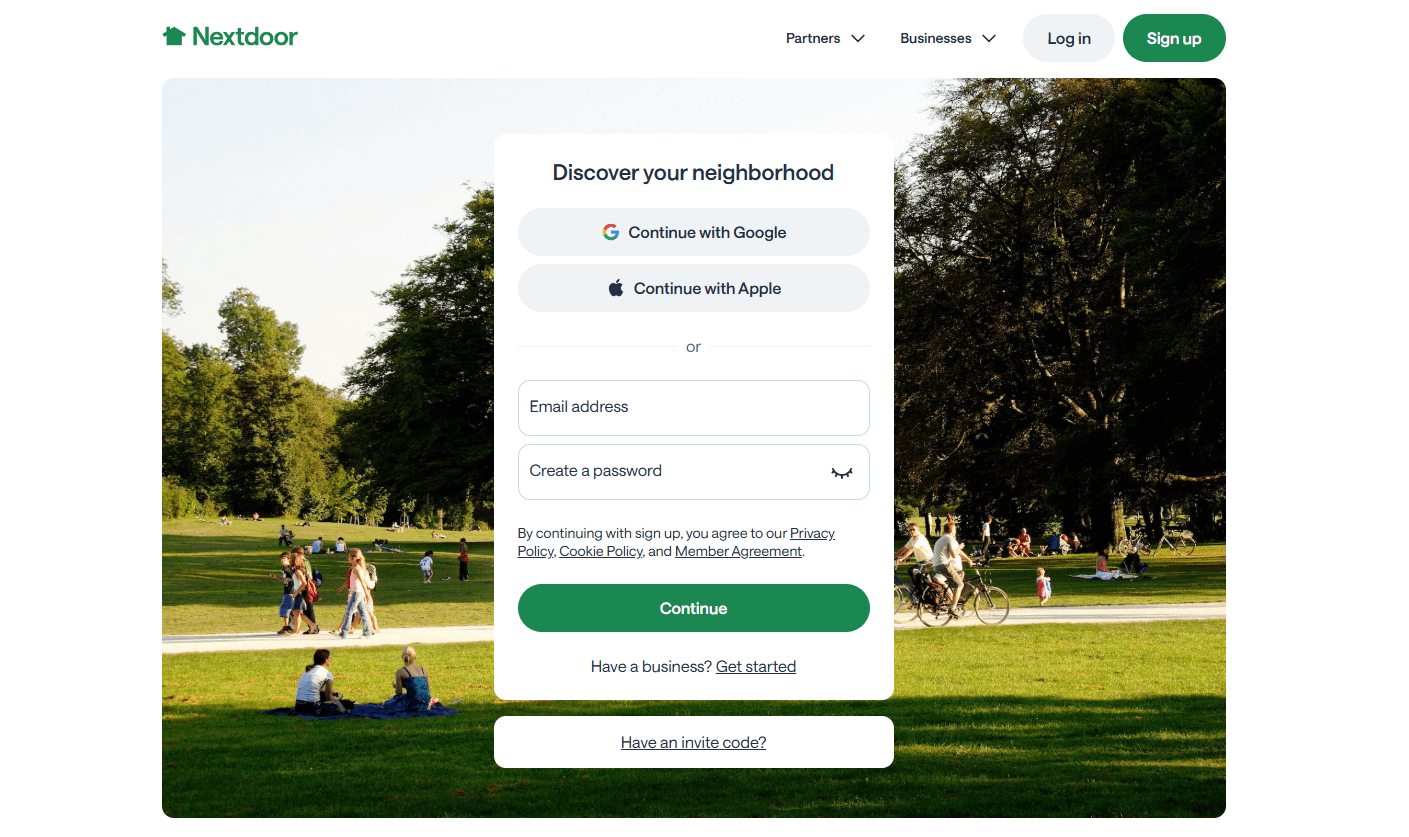 Nextdoor's landing page, where you can log in or create an account with an email and password.