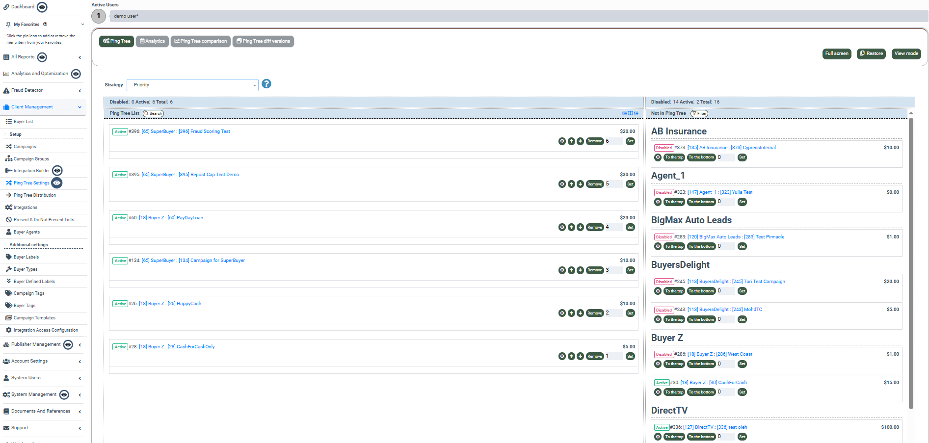 Screenshot of a ping tree builder within Phonexa