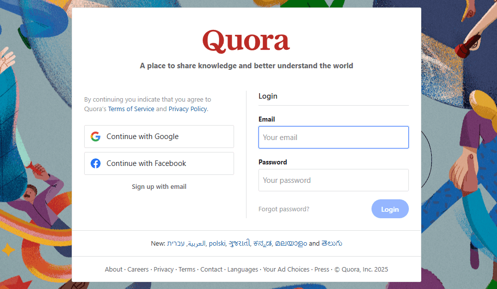 Quora's landing page, where you can create an account or log in.
