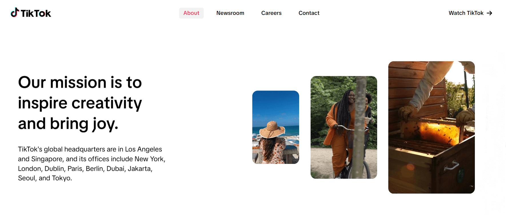 TikTok about page that shares the platform's mission and office locations