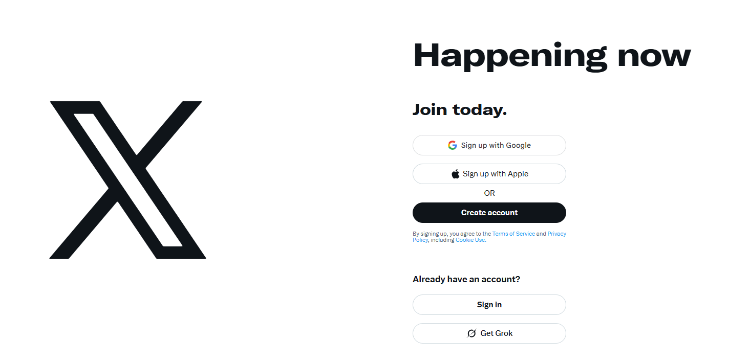 Twitter's landing page, where you can sign up with Google or Apple or create an account.