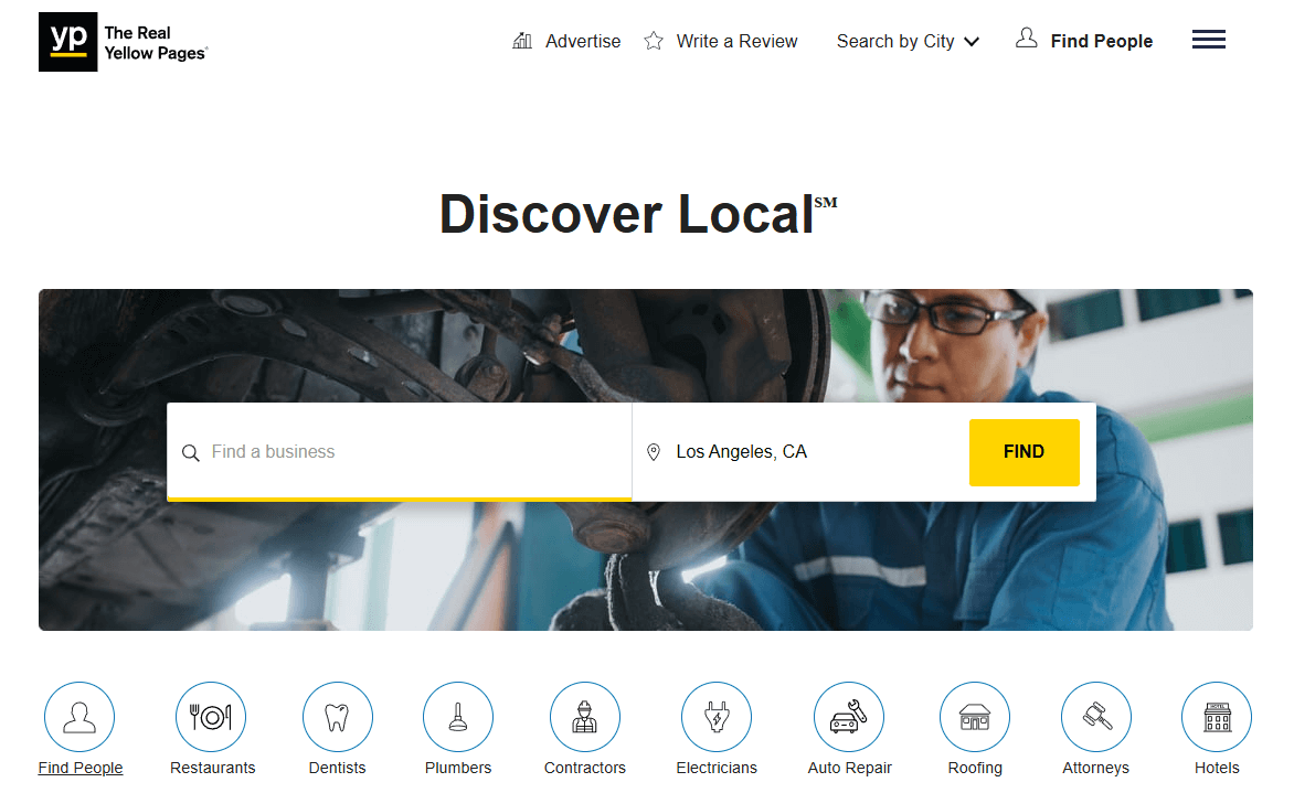 Yellowpages' landing page, where you can choose a location you want to search for businesses.