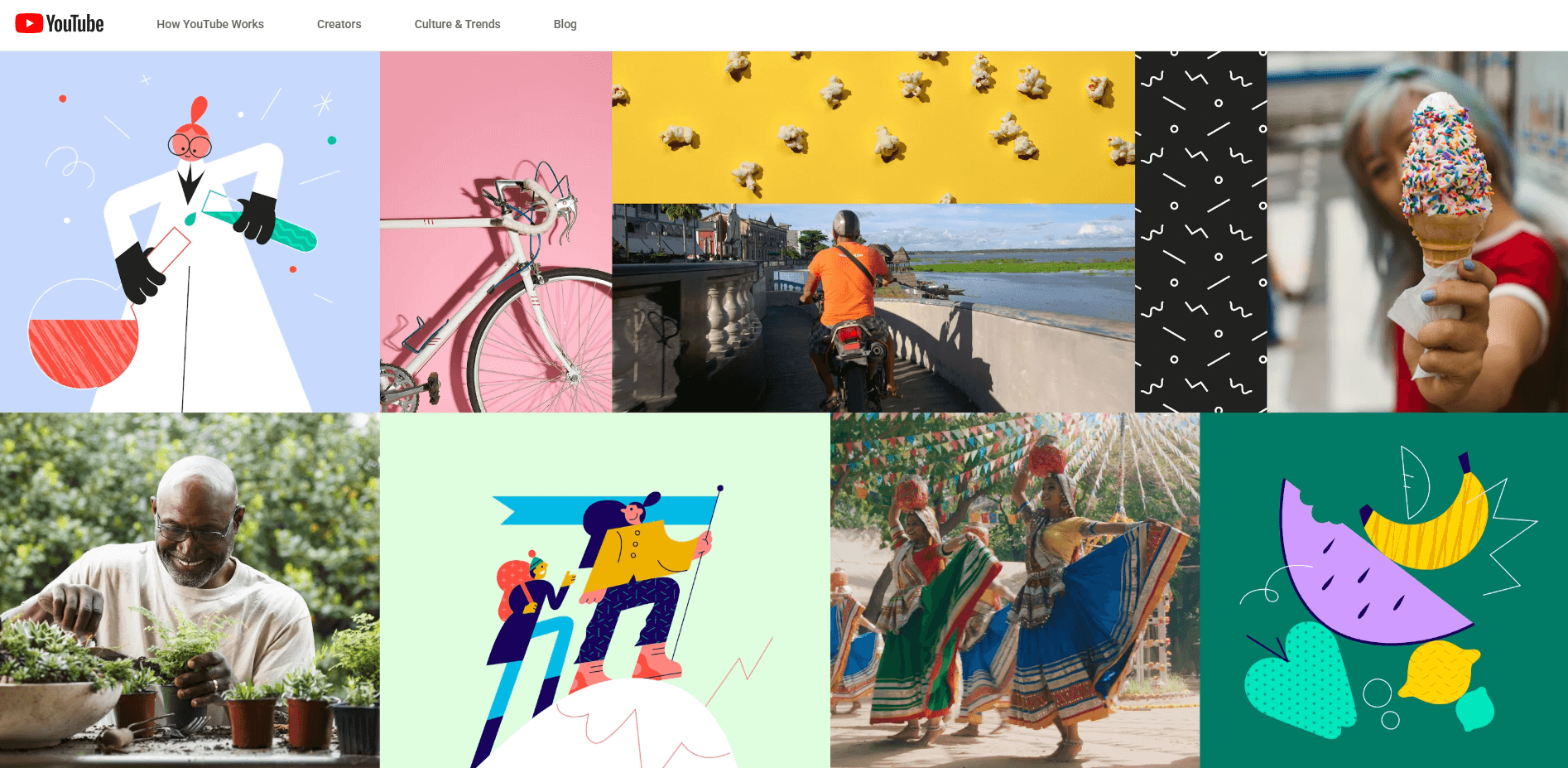 YouTube's about page, which presents different themes on the platform