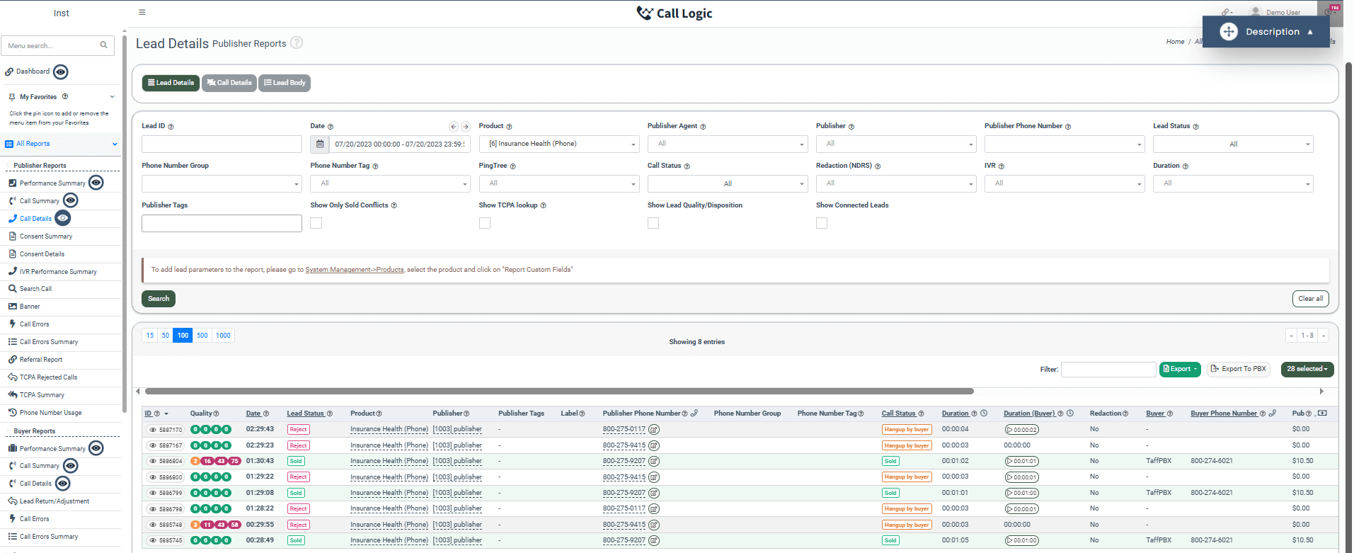 Details phone call insights within Call Logic, including call quality