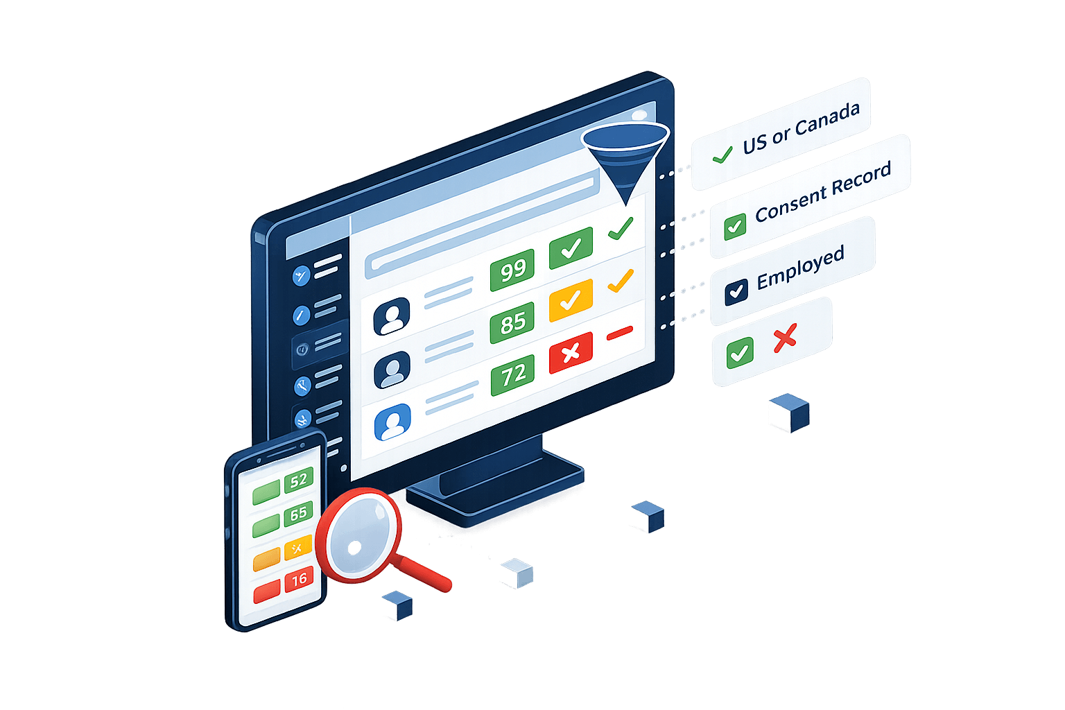 Illustration of a lead qualification software interface displaying real-time lead scoring, filtering criteria, and buyer acceptance rules.