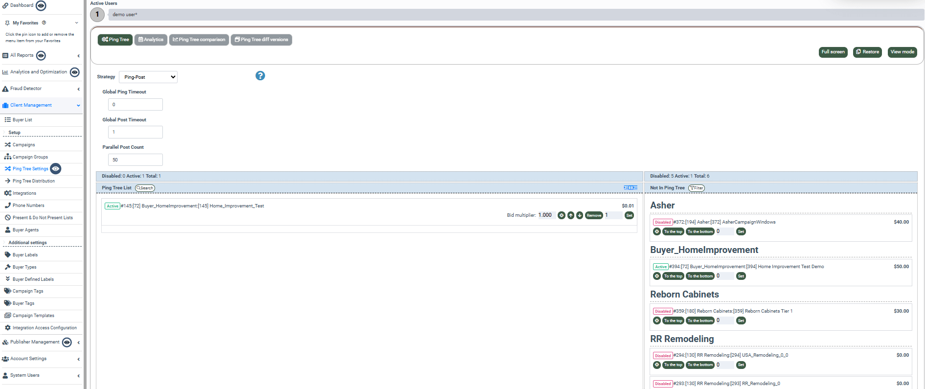 The ping tree builder within Call Logic