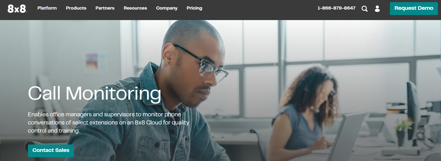  8x8 homepage, where users see what benefits the solution offers for call managers and contact sales.
