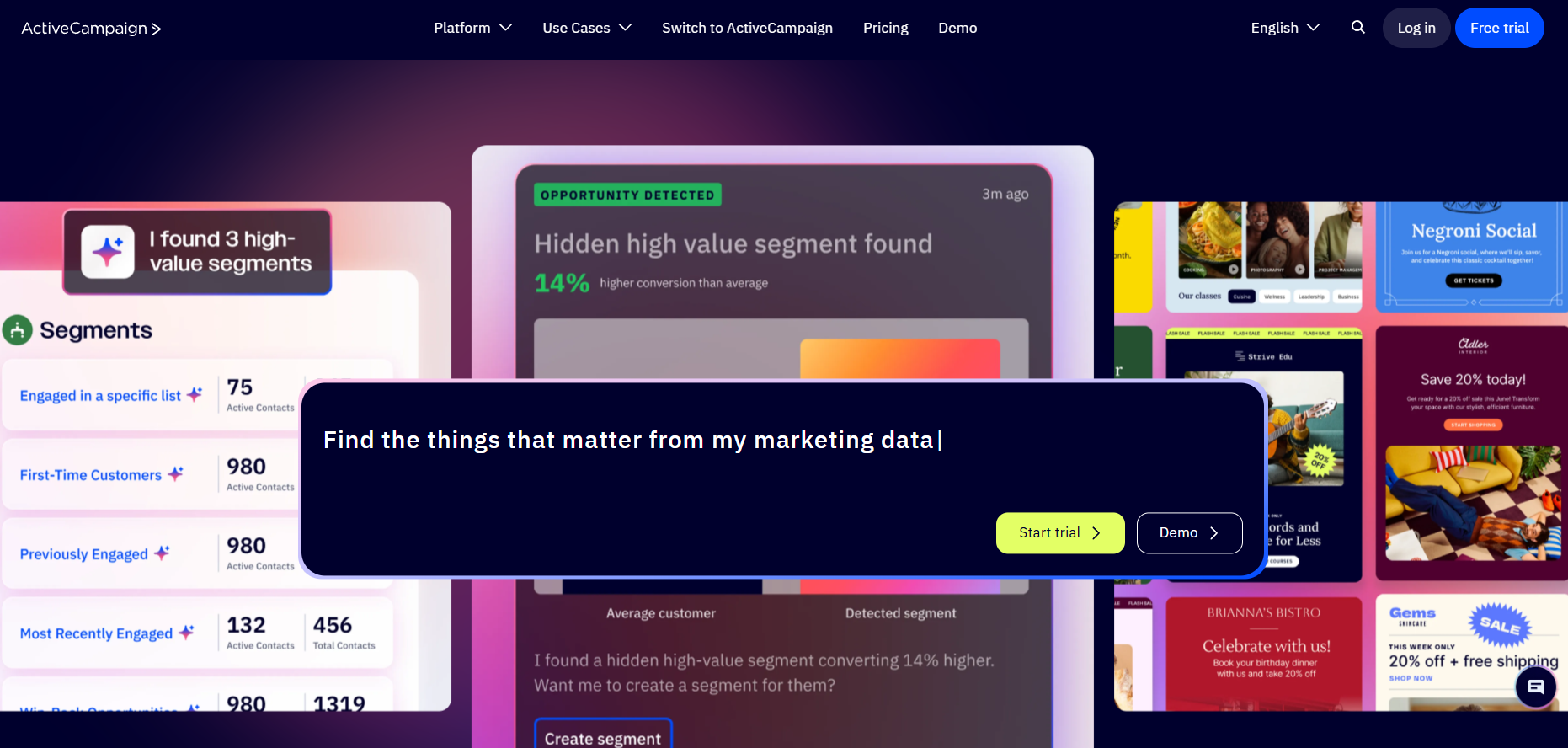 ActiveCampaigns homepage, where users can explore the platform's offerings, start a trail, or request a demo.
