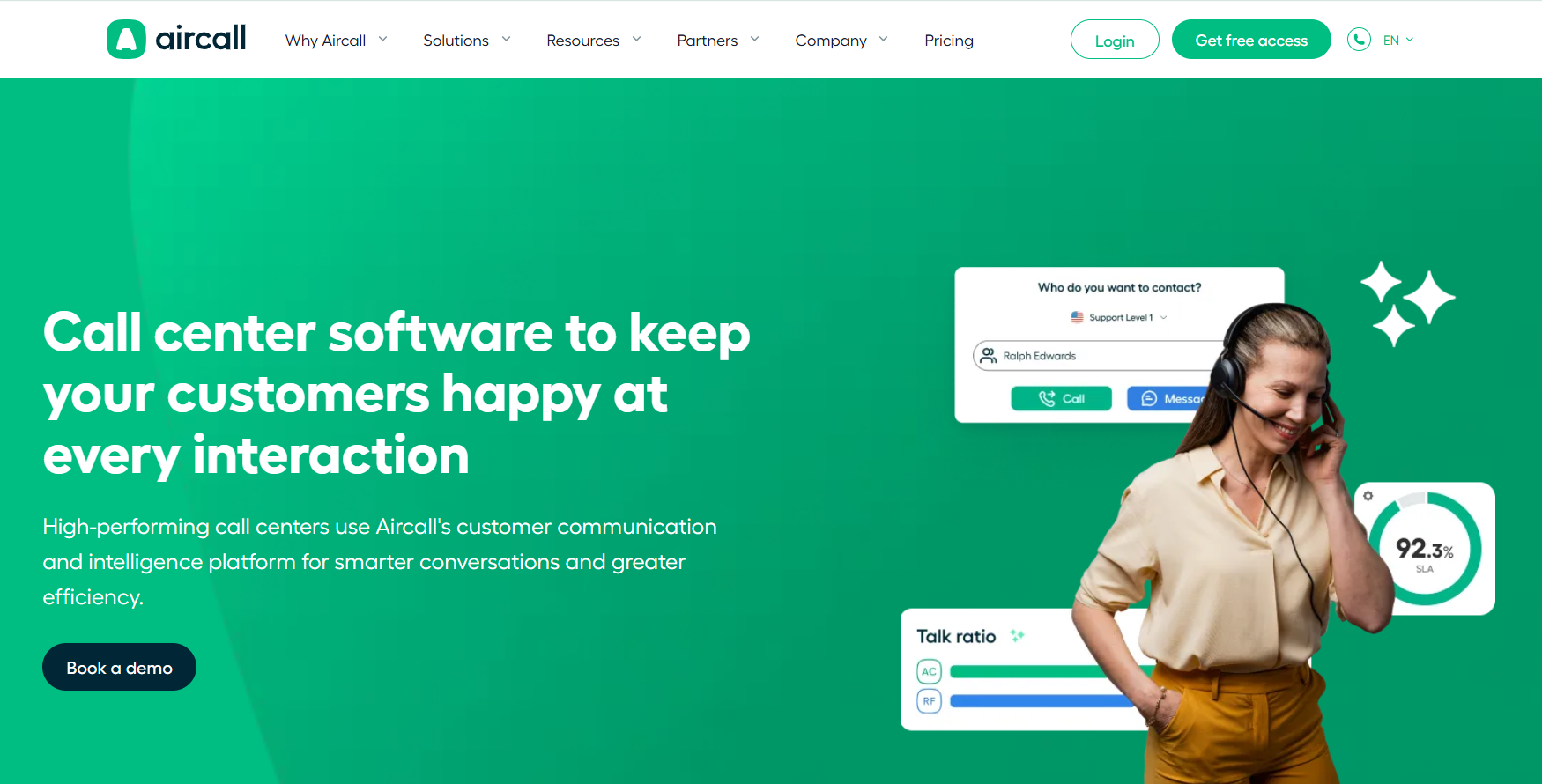  Aircall homepage that communicates how call centers use Aircall, offering you to book a demo.
