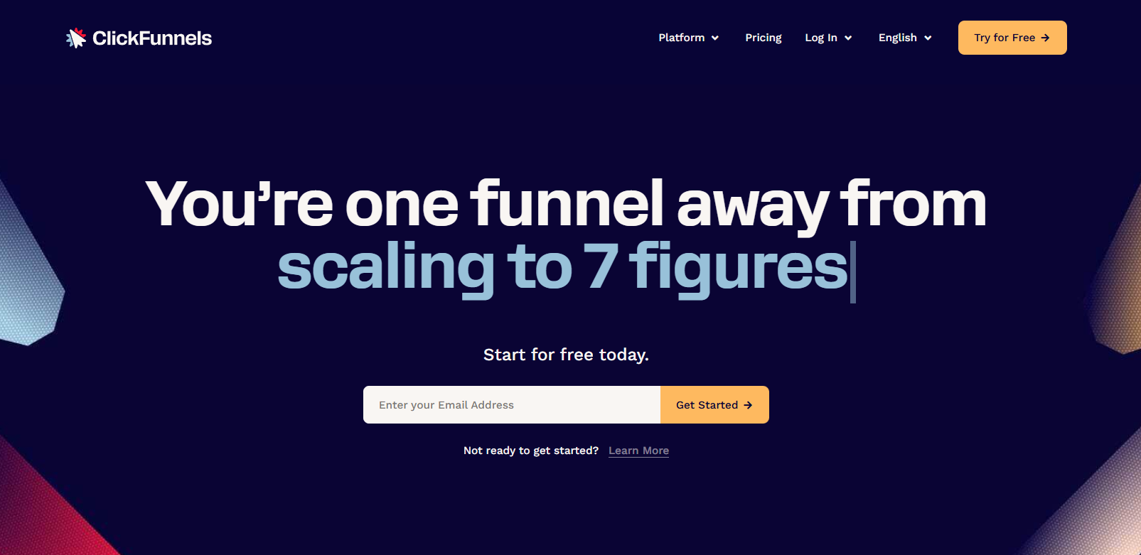 ClickFunnels homepage, where users can navigate a website and enter their email address to get started.