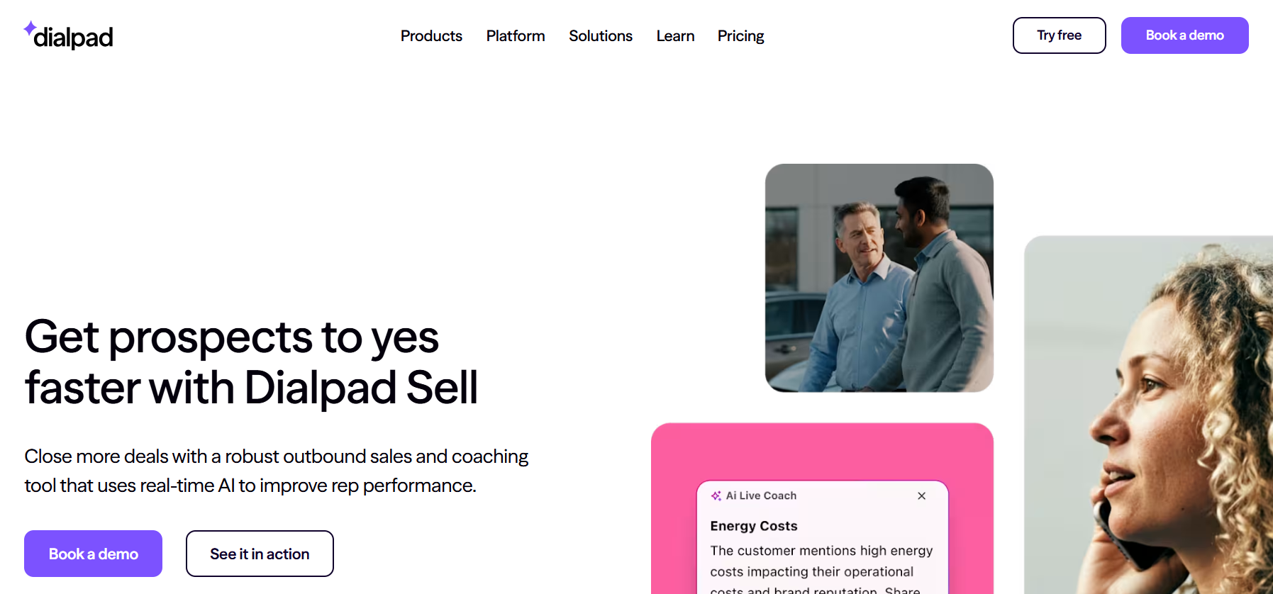 Dialpad homepage that presents the platform's benefits and offers visitors to book a demo and see the solution in action.