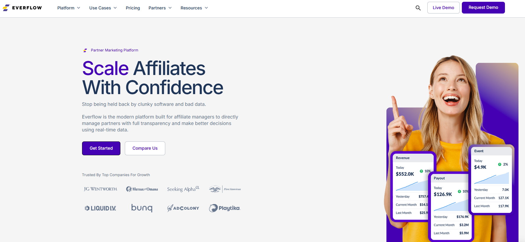 Everflow homepage, an affiliate management platform with marketing attribution