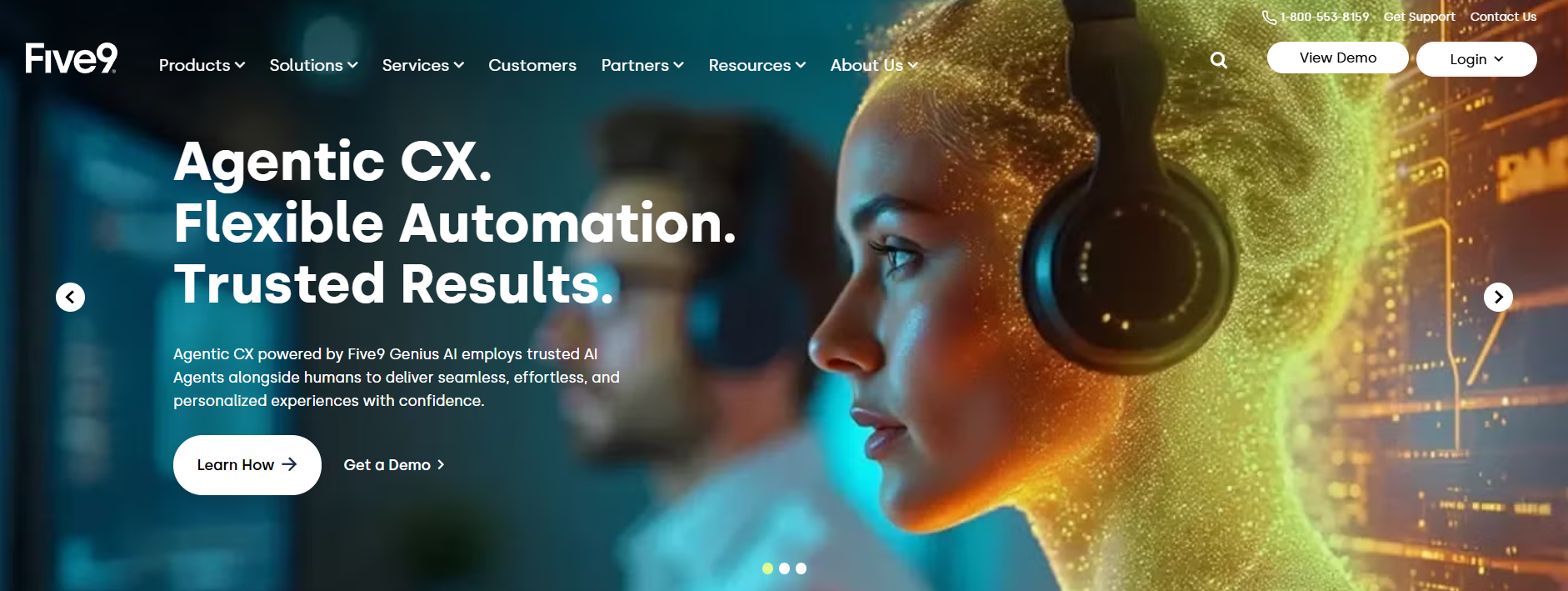 Five9 homepage that articulates the platform's proposition and offers users the opportunity to learn more or apply for a demo.
