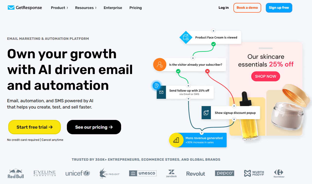 GetResponse homepage, where you can start a free trial, check out pricing, and see how the solution allows you to map out and automate funnels.