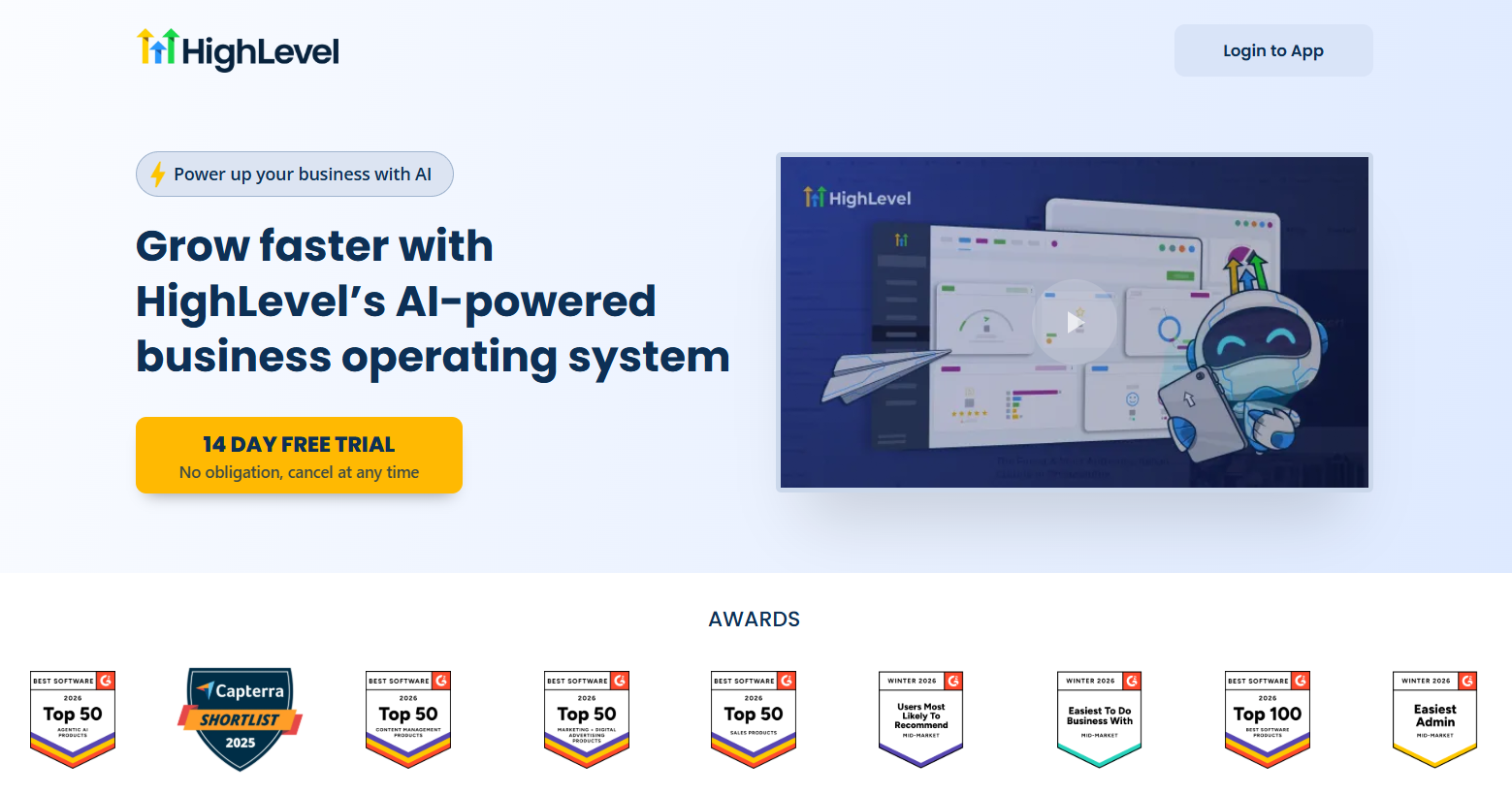 HighLevel homepage, where users can explore the platform's awards and start their 14 day free trial.