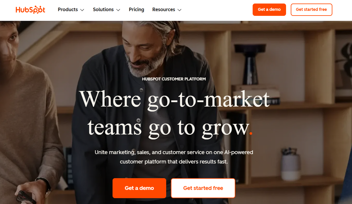 HubSpot homepage, where users see the platform's selling proposition and can get a demo or get started for free.