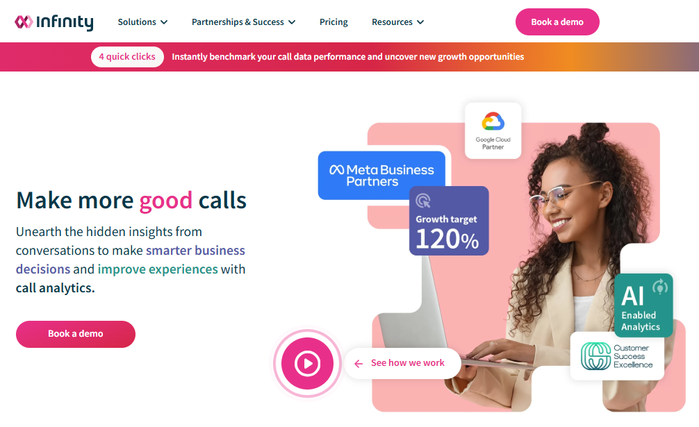 Infinity homepage that articulates the solution's features and benefits and offers you to book a demo.