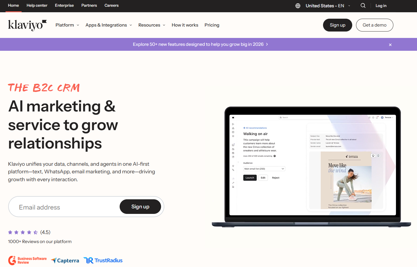 Klaviyo CRM homepage, a B2B CRM that provides marketing attribution