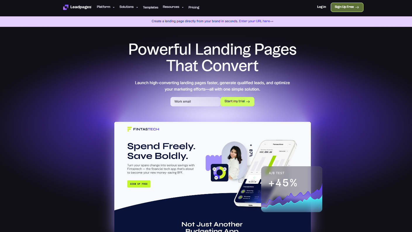 Leadpages homepage, where users can glance at how the solution works and start their free trial.