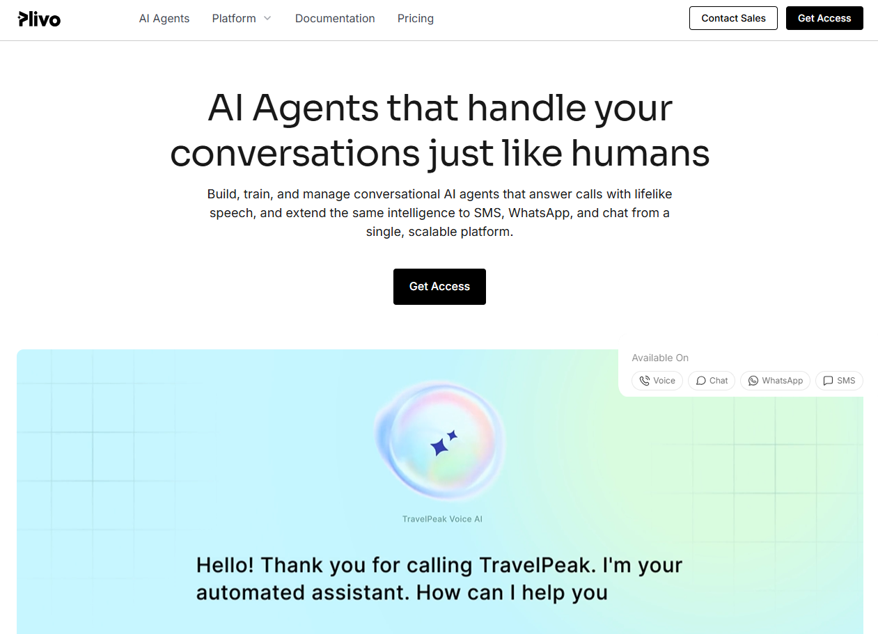 Plivo homepage, an AI voice agent and CPaaS platform for business