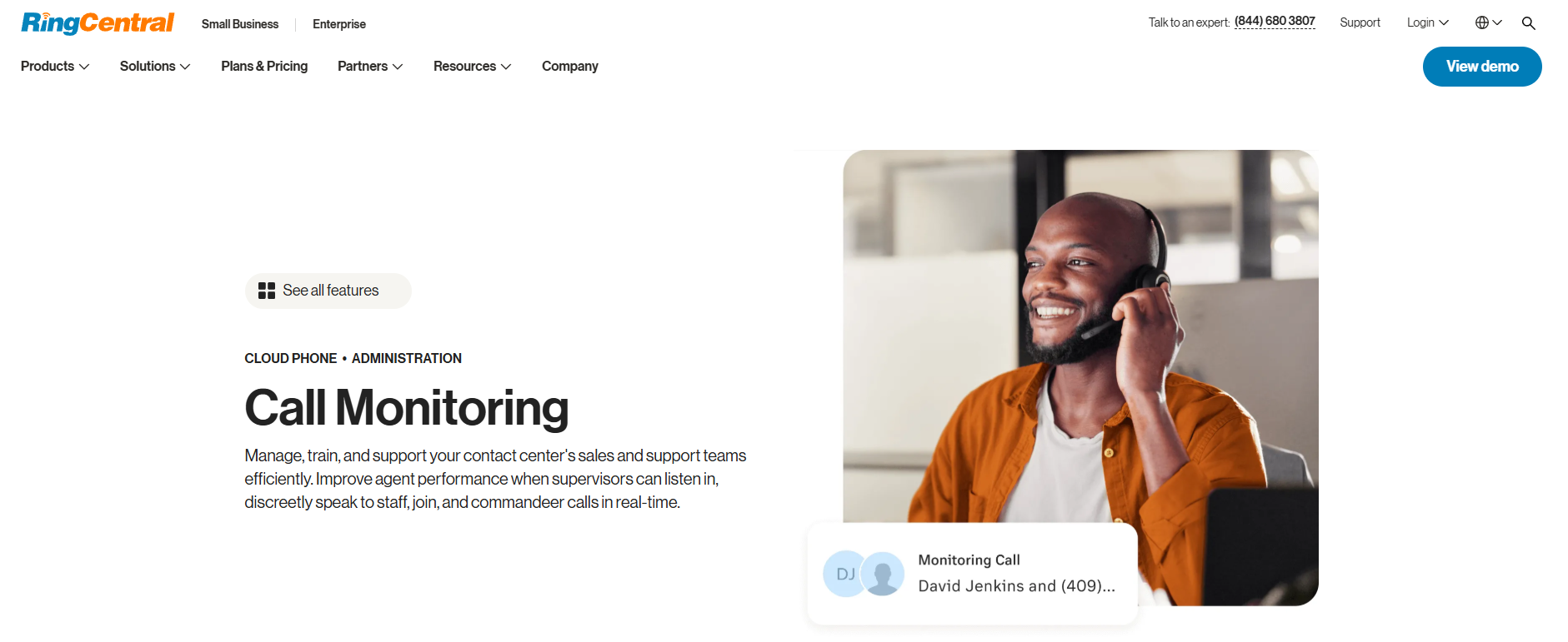 RingCentral homepage, where users can explore the platform's features and view them in a demo.
