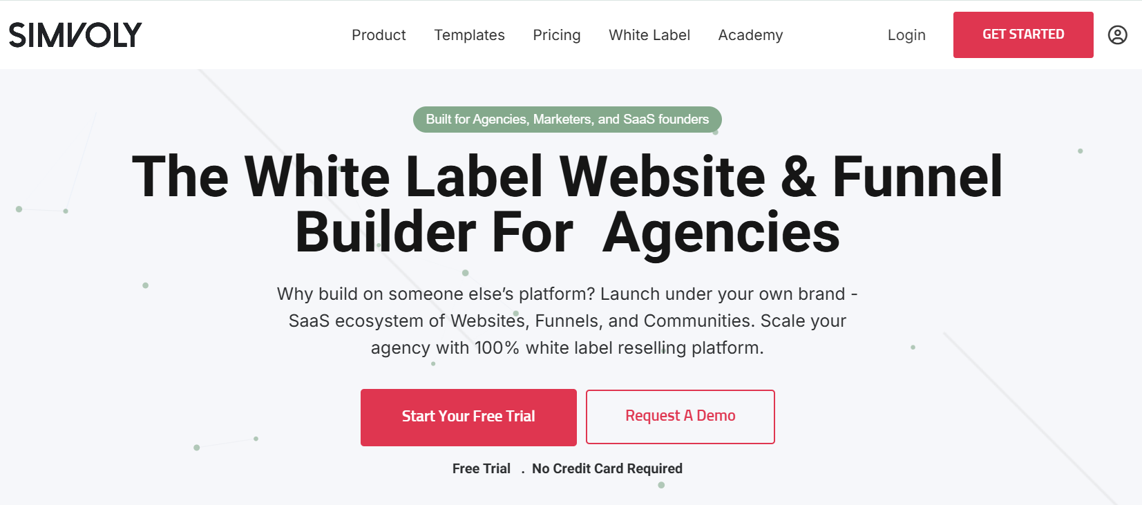 Simvoly homepage, where users can explore the platform's offerings, request a demo, or start their free trial.