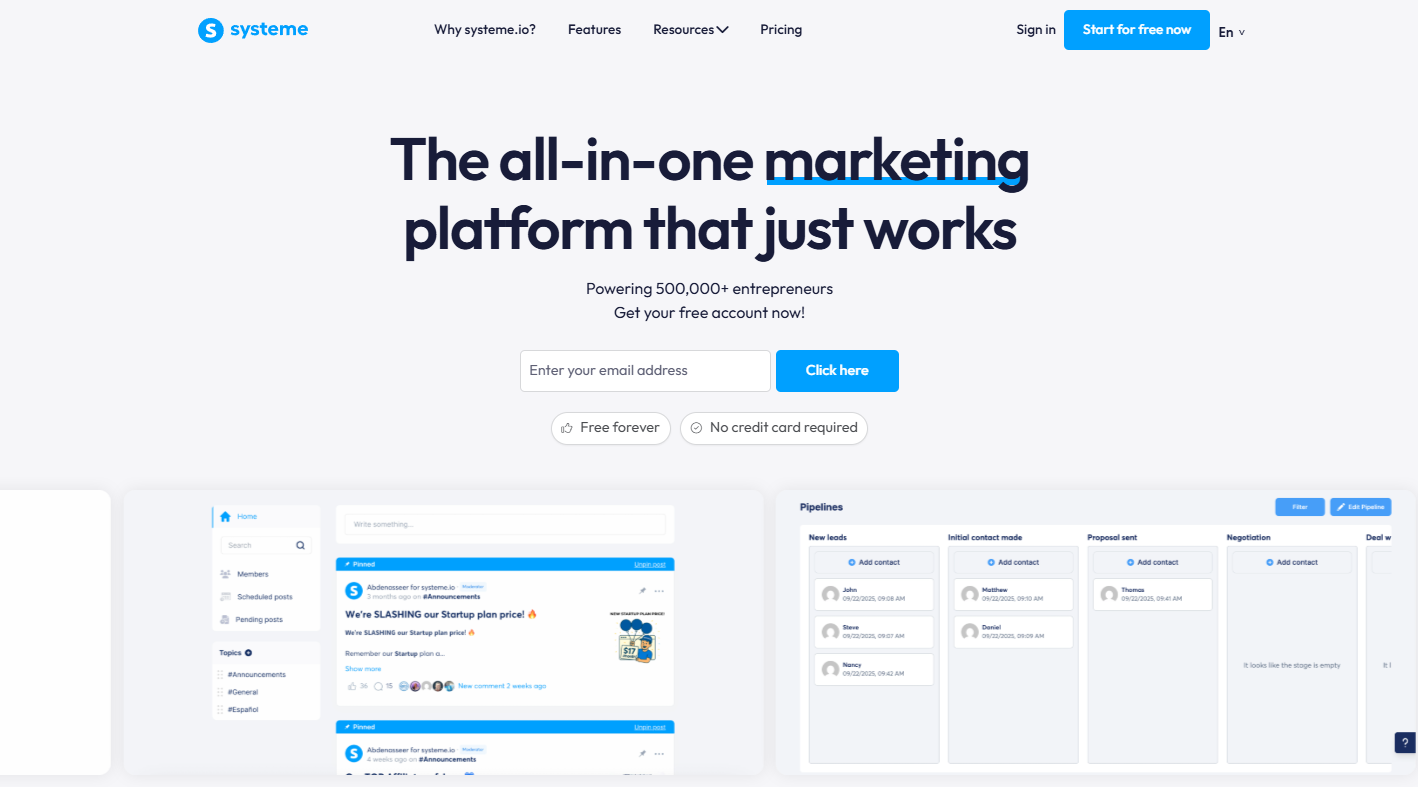 Systeme.io homepage, where users can glance at how the solution looks like and enter their email address to start a free trial.