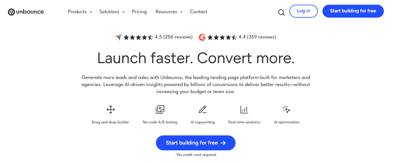 Unbounce homepage, where users can explore what the solution offers and start their free trial to test these features themselves.