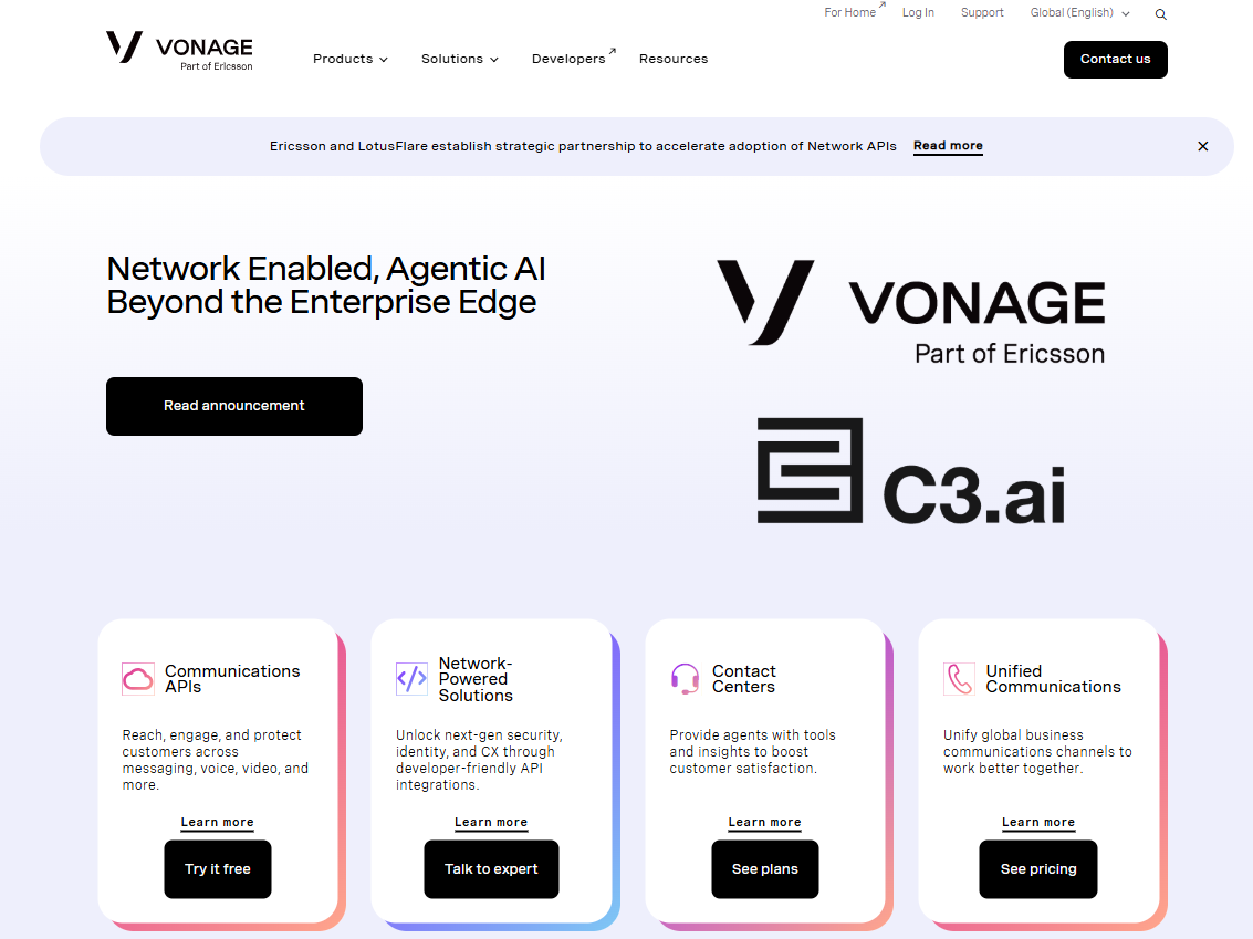 Vonage homepage, an AI-driven CPaaS platform
