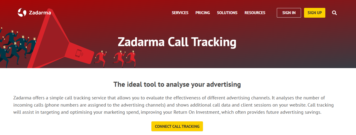 Zadarma homepage, where the brand articulates its propositions and offers users to connect to call tracking.
