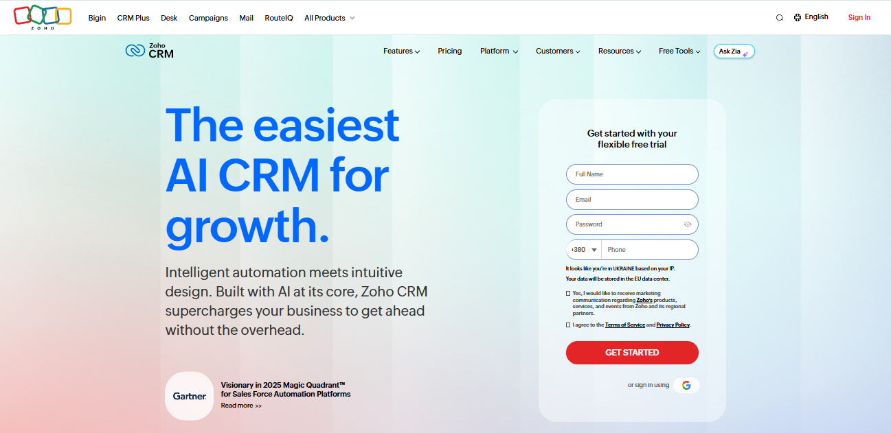 Zoho's CRM page, where users can explore the platform's features and sign up to get started.