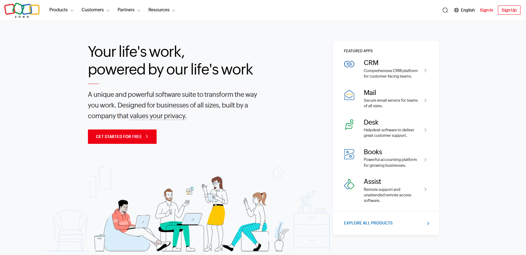 Zoho homepage, a popular CRM with marketing attribution