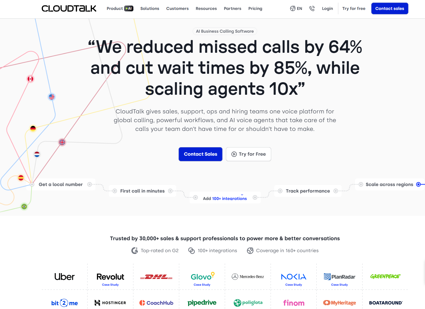 CloudTalk homepage. A VoIP and support platform for customer support teams and outbound sales offices.
