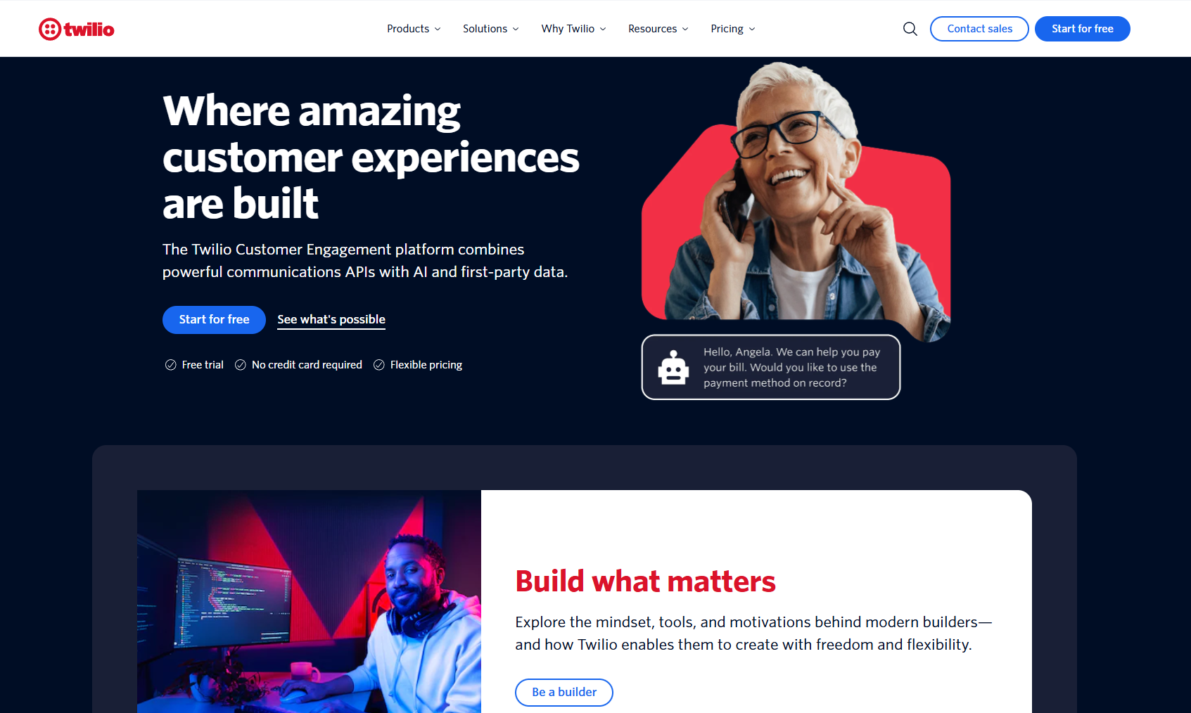 Twilio homepage. Raw communication APIs for building proprietary systems.