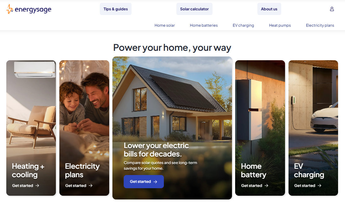 EnergySage homepage for homeowners, where they can explore multiple energy solutions, from EV charging to home batteries