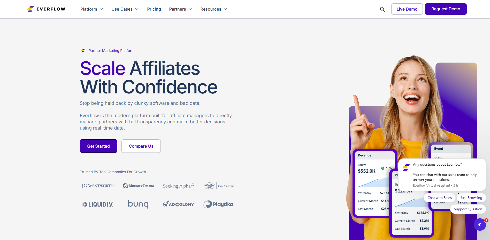 Everflow homepage featuring a partner marketing platform for scaling affiliates with real-time data transparency.