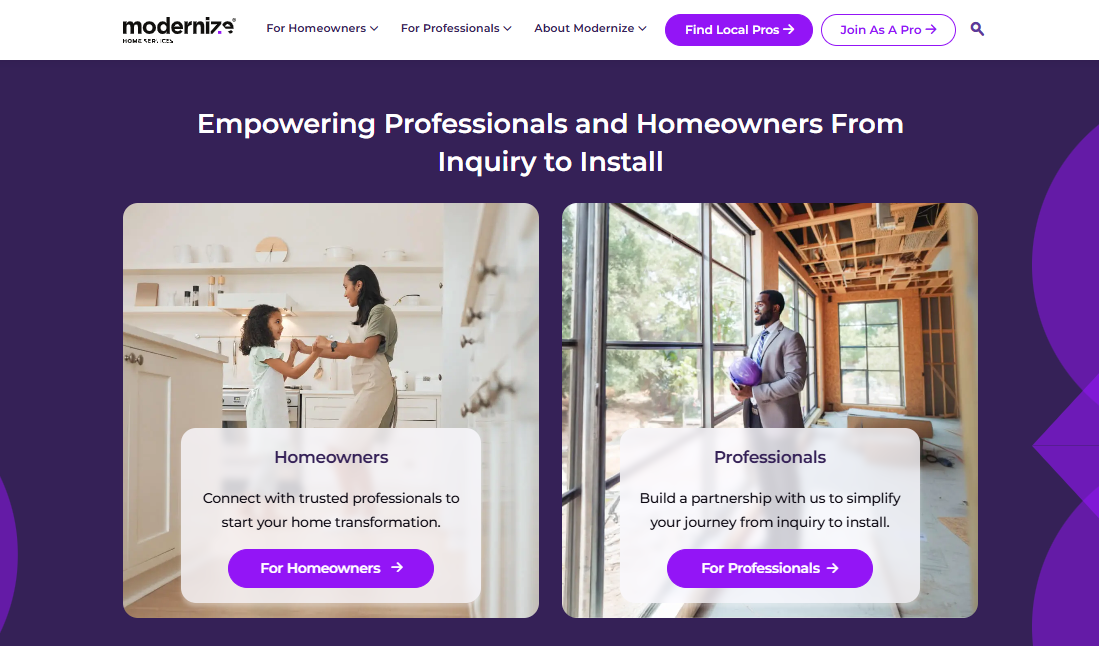 Modernize homepage that offers homeowners and professionals to visit the corresponding web pages