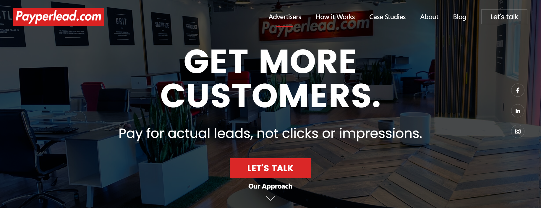 Payperlead homepage, where users can explore the platform's approach and talk with experts