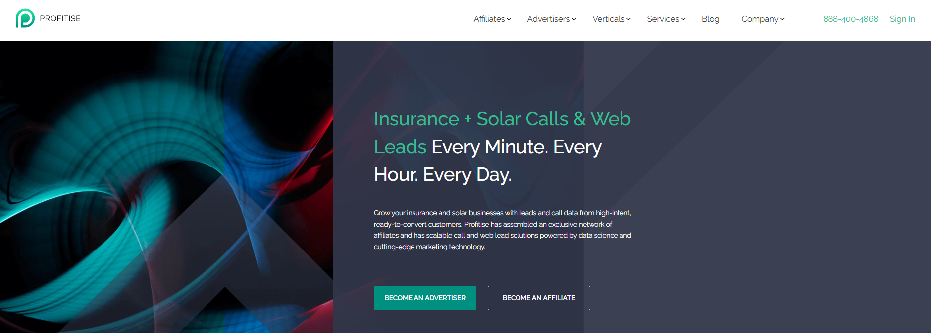 Profitise homepage, where users can explore the platform's offerings and visit advertiser or affiliate pages