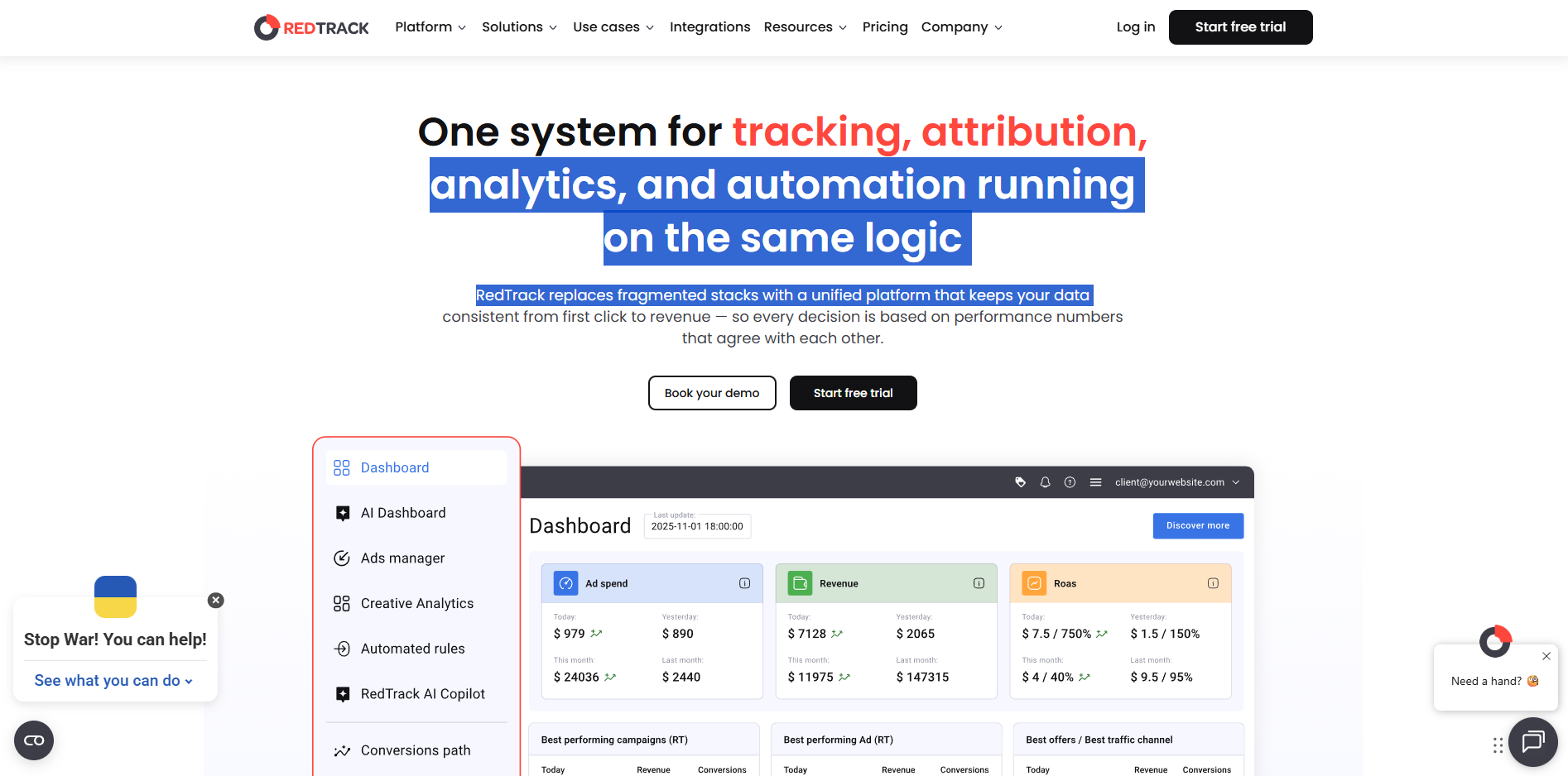  RedTrack homepage showing a unified performance marketing platform for tracking, attribution, analytics, and automation running on the same logic.