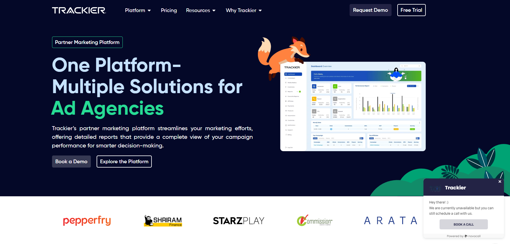 Trackier homepage showing a partner marketing platform for ad agencies with automated billing and performance reporting dashboards.