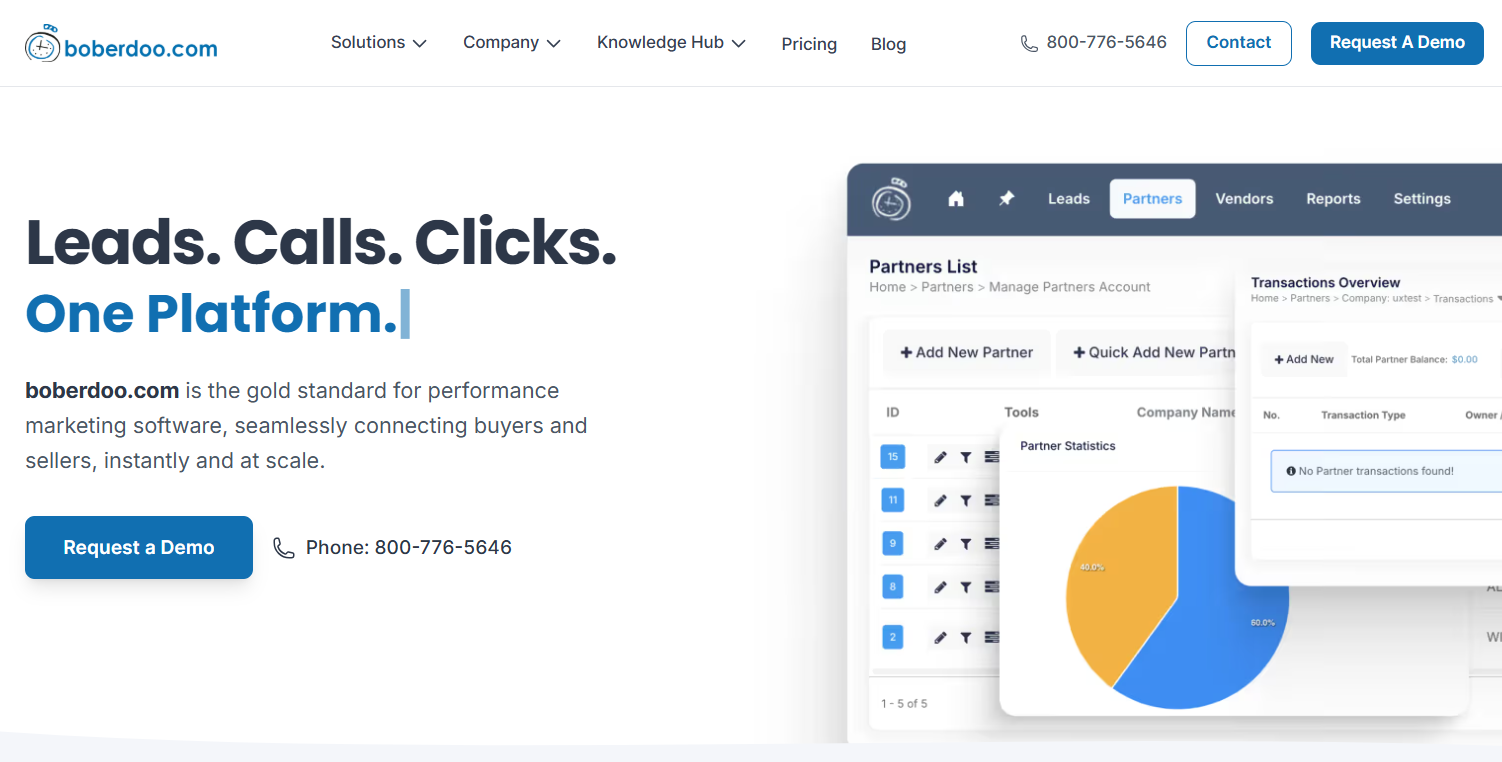 Boberdoo homepage, where users can read about the platform, request a demo, or get a number for a business call