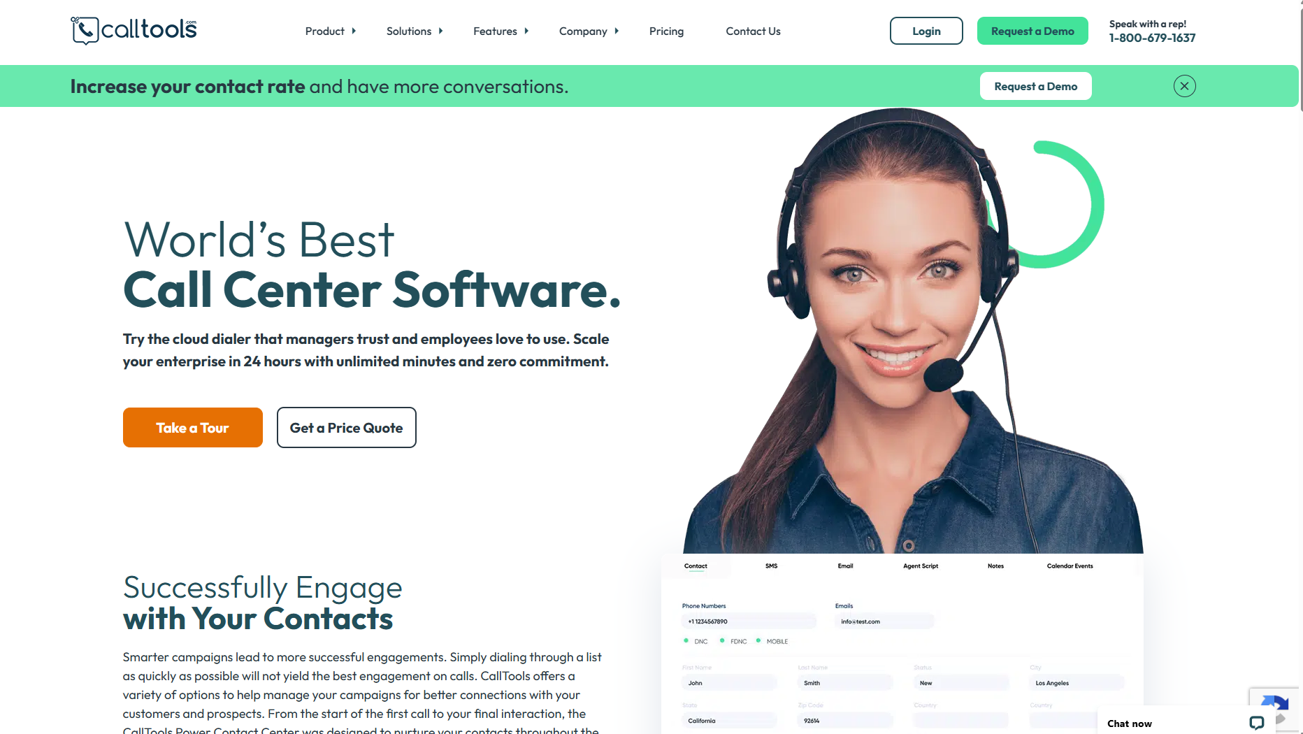 CallTools homepage, a cloud dialer and predictive inbound and outbound call center software platform.