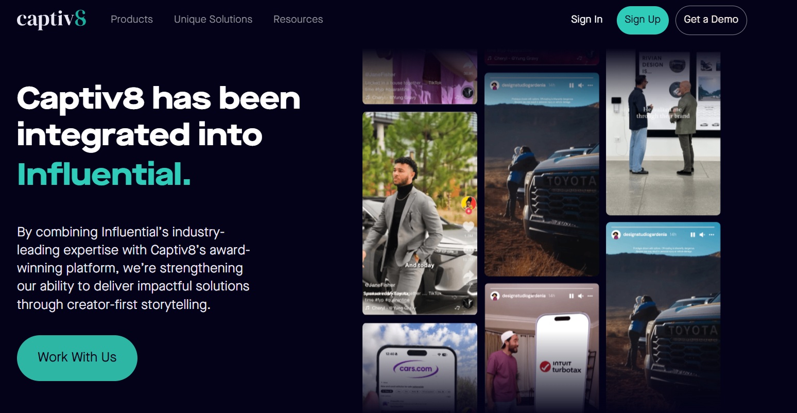 Captiv8 homepage announcing its integration into Influential, showing creator marketing campaigns across social platforms.
