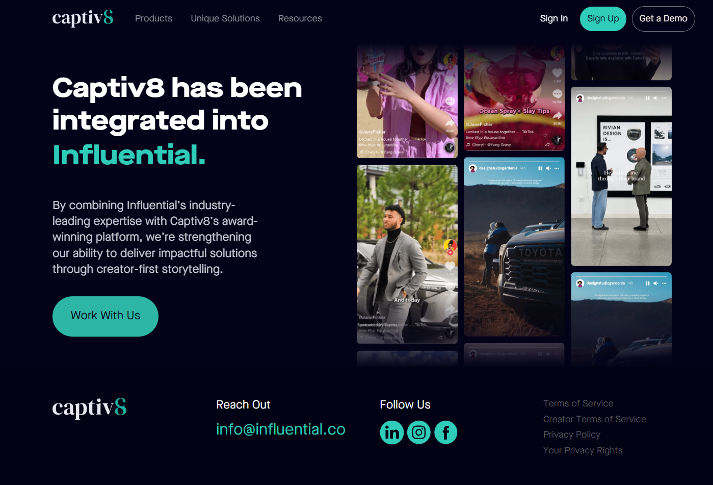 Captiv8 homepage, an enterprise-grade influencer and affiliate program management platform focused on creator-first storytelling.
