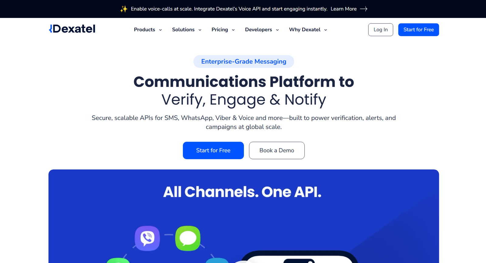 Dexatel communications platform homepage for SMS, WhatsApp, Viber, and voice-based phone number verification