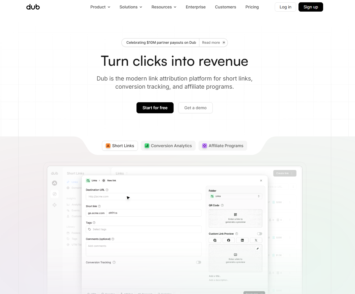 Dub homepage, a modern link attribution platform for short links, conversion tracking, and affiliate programs.