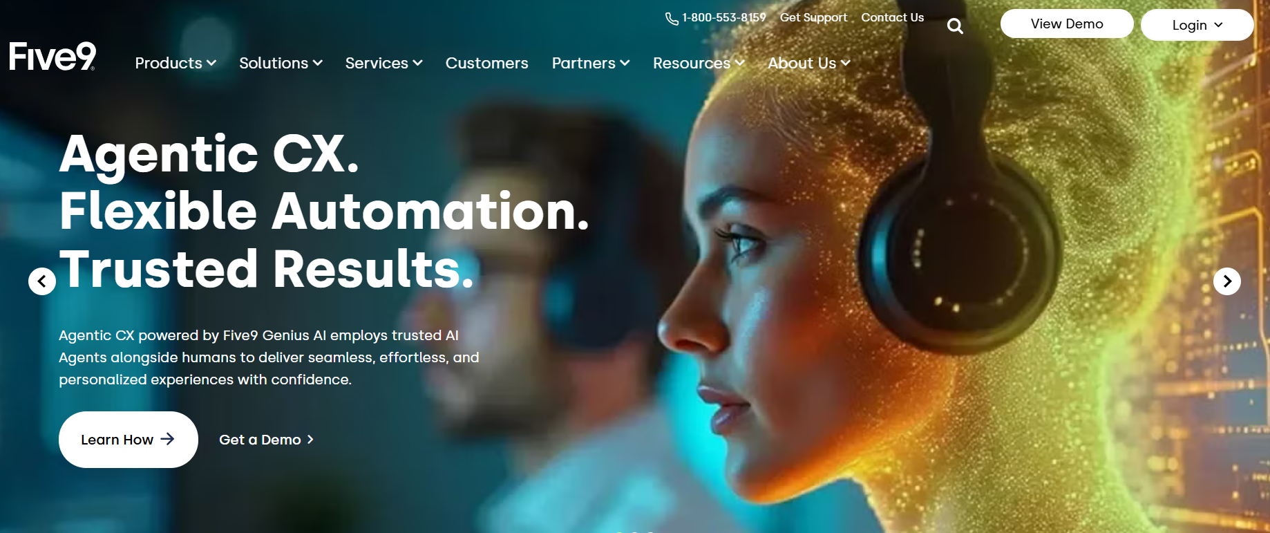 Five9 homepage, an enterprise cloud contact center and automated experience orchestration platform.